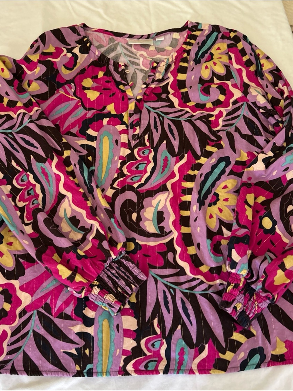 Belle by Kim Gravel Vibrant Paisley Blouse in Purple, Magenta, Yellow